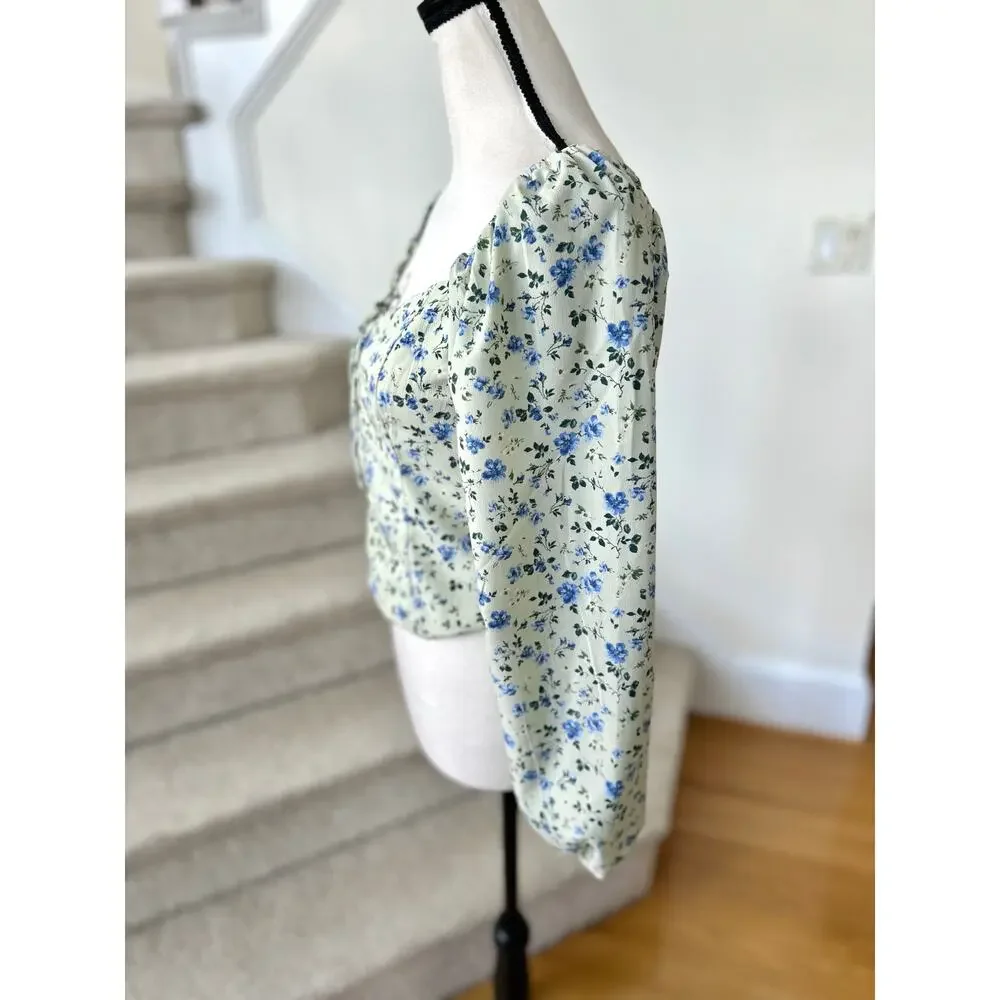 Abercrombie Light Green & Blue Ditzy Floral Puff Sleeve Cottagecore Blouse